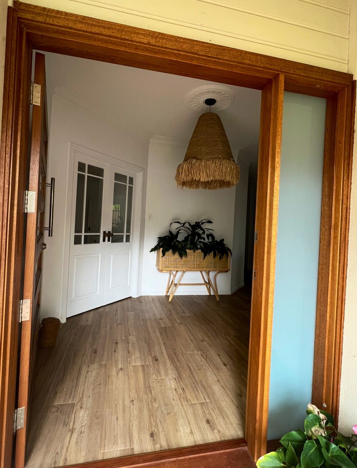 The entry to the studio, timber doors, a rattan pendant and a plant stand