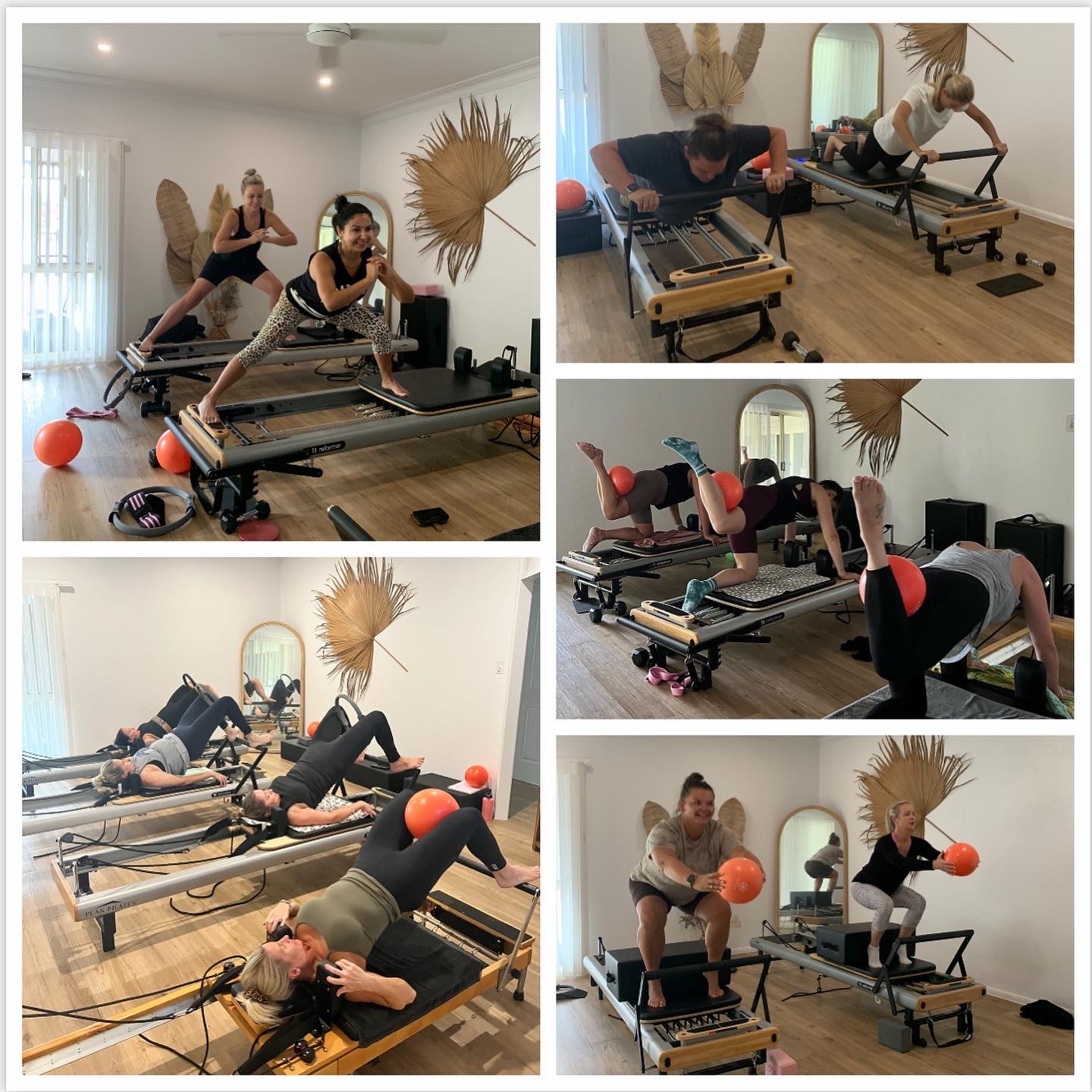 A collage of class moments at Hustle: bridges, planks, squats and a lot of laughing