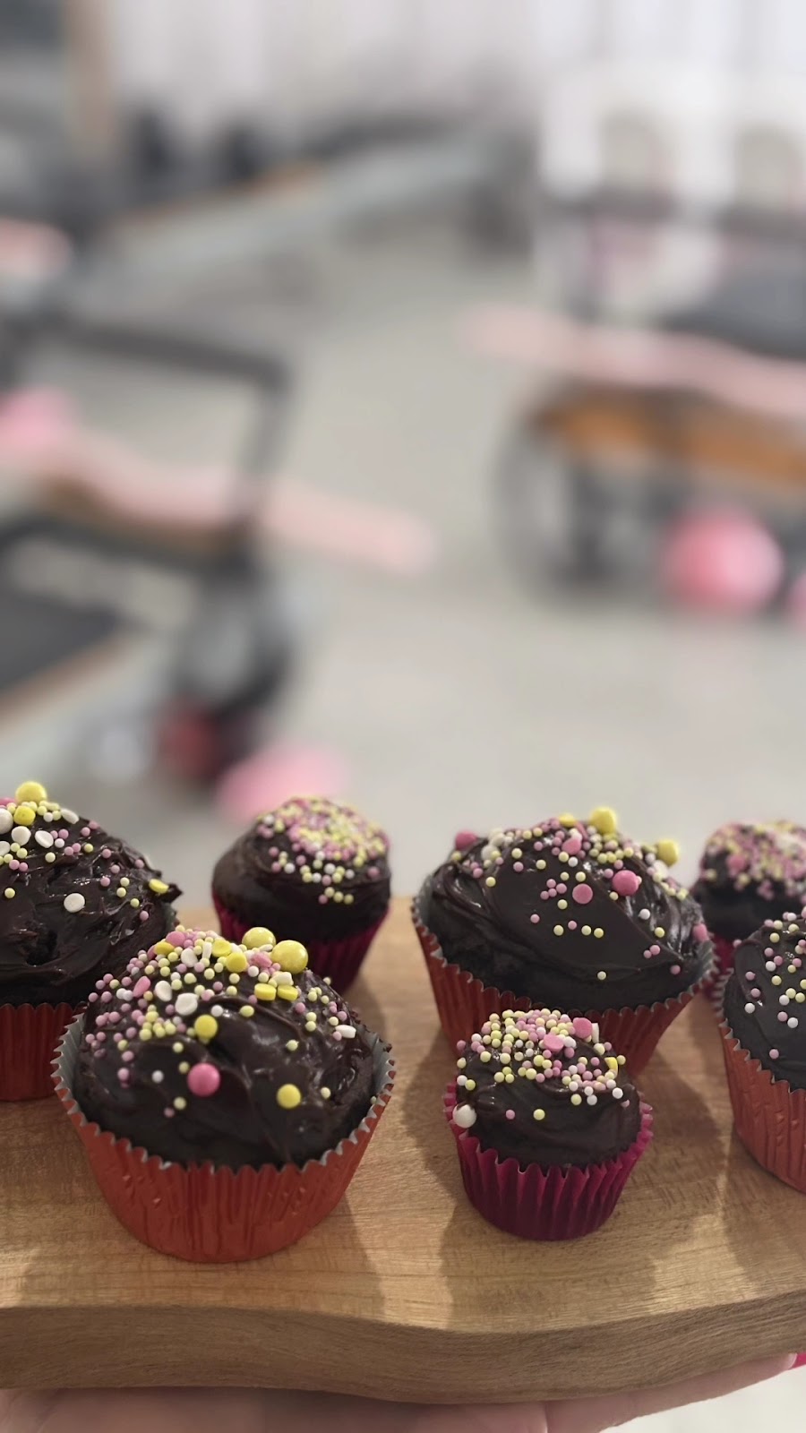 Chocolate cupcakes with pink sprinkles held up in the studio